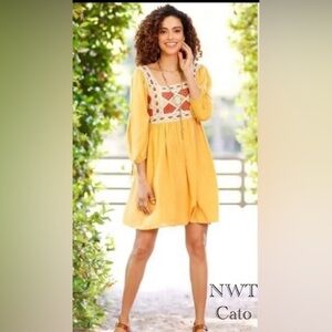 🔥NWT🔥 CATO Boho Crochet Long Sleeve Yellow Fit and Flare Dress size Medium